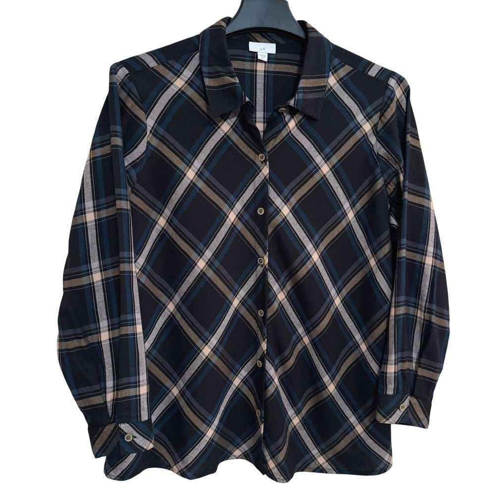 J. Jill Plaid Diagonal Button Down Blouse Womens XL Cotton Tencel Modal Blend LS